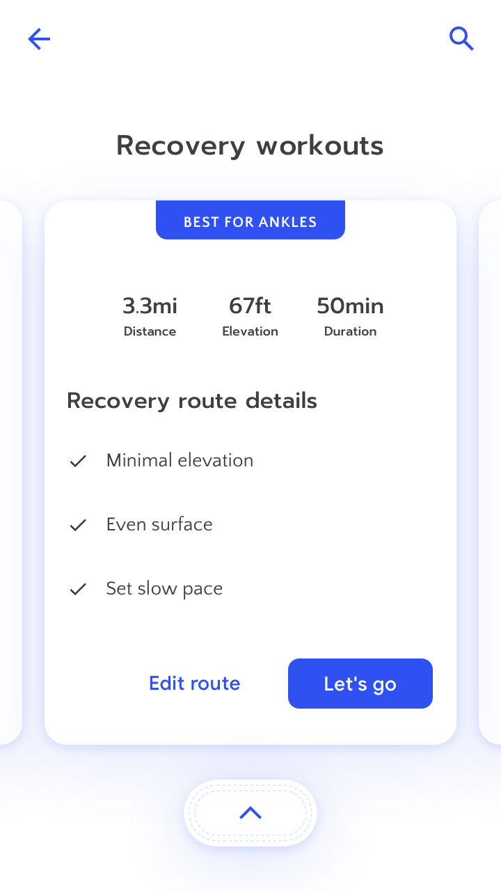 RUN app screenshot of a suggested recovery route. Specifies that the route has minimal elevation, even surface, slow pace. User has option to edit route.