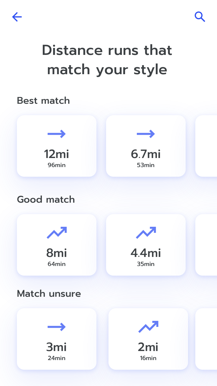 RUN app screenshot: 'Distance runs that match your style.' Three categories offered, with carousel of options in each: Best match, good match, match unsure.